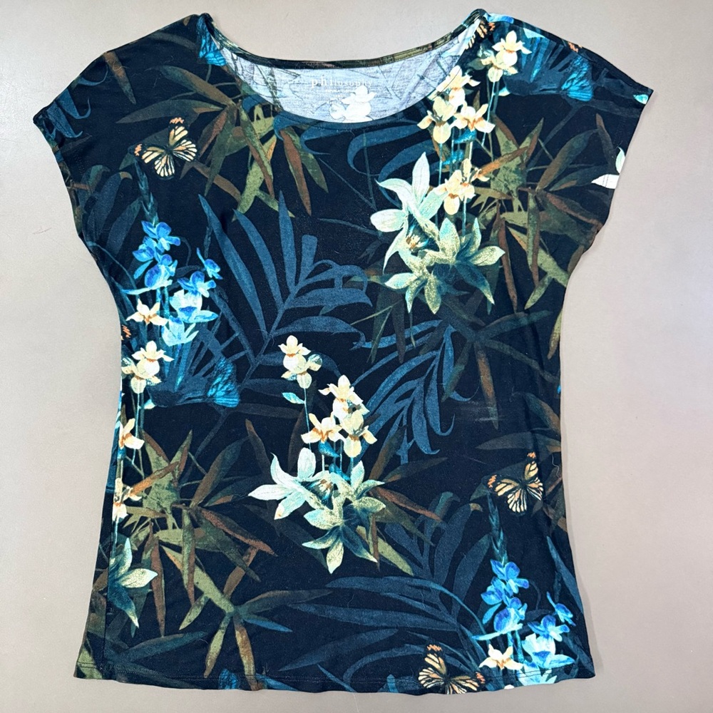 Philosophy Black and Blue Floral Women's Top - Size Small